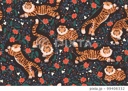 Seamless pattern with tigers and flowers. Vector graphics. Seamless pattern with tigers and flowers. Vector graphics. 99406332