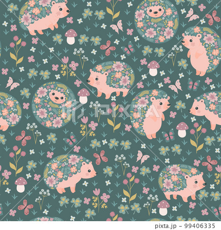 Seamless pattern of blooming hedgehogs and flowers. Vector graphics. Seamless pattern of blooming hedgehogs and flowers. Vector graphics. 99406335