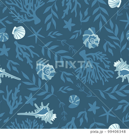 Marine seamless pattern with seashells, algae, starfish. Vector graphics. 99406348