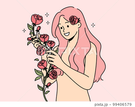 Happy naked woman with roses in hands のイラスト素材 [99406579] - PIXTA