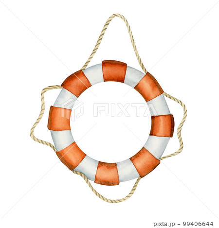 Watercolor life preserver or life-ring, hanging on rope. Nautical lifebuoy with red white stripes illustration on white 99406644