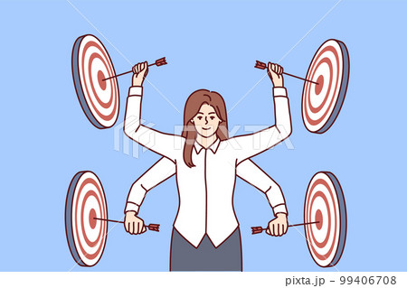 Multi-armed woman manager strikes performs several business goals at same time multitasking Multi-armed woman manager strikes performs several business goals at same time multitasking 99406708