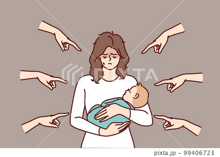 Young mother with baby in arms is ashamed because condemnation surrounding people pointing fingers Young mother with baby in arms is ashamed because condemnation surrounding people pointing fingers 99406723