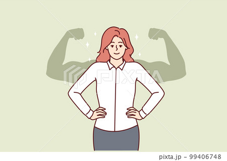 Successful businesswoman stands with hands on waist imagining giant muscular arms behind back Successful businesswoman stands with hands on waist imagining giant muscular arms behind back 99406748