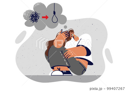 Depressed woman sits on ground contemplating suicide due to unresolved issues in personal life Depressed woman sits on ground contemplating suicide due to unresolved issues in personal life 99407267