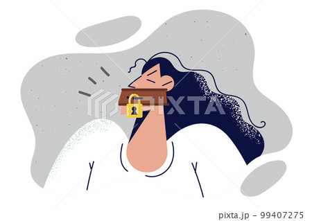 Woman with padlock near mouth to restrict freedom of speech and silence secret topics in news 99407275