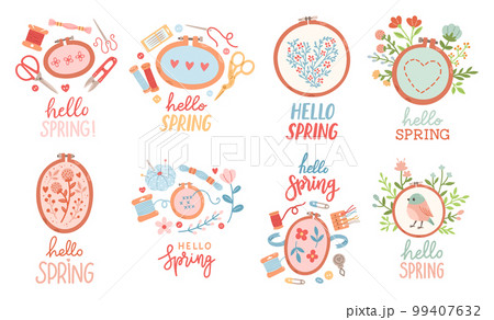 Hello Spring hand drawn vector set. Lettering spring season with embroidery leaves flowers for greeting card. Hello Spring hand drawn vector set. Lettering spring season with embroidery leaves flowers for greeting card. 99407632
