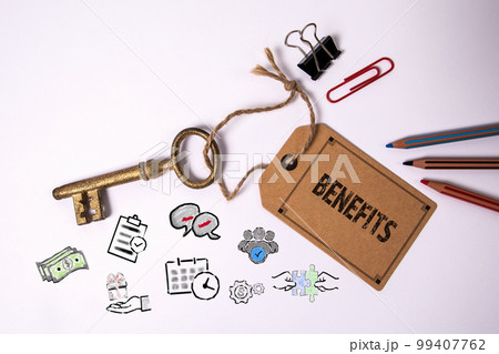 BENEFITS Concept. Key and cardboard price tag on white background BENEFITS Concept. Key and cardboard price tag on white background 99407762