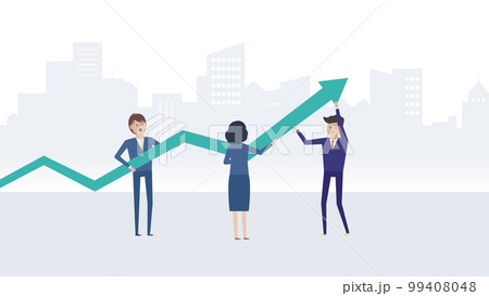 みんなで矢印を持ち上げる日本のビジネスチームのイラスト素材 99408048