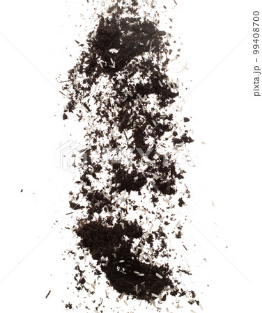 Soil dirt white rice mix fly explosion. Rice soil fertilizer abstract cloud fly. Soil mix jasmine rice planting splash stop in air. white background isolated high speed freeze motion 99408700
