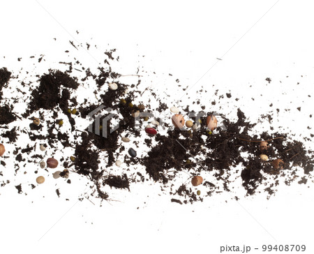 Soil fertilizer mixed multi kind bean fall fly. Mixed beans soil fertilizer abstract cloud fly. Soil mix multi grain beans planting splash stop in air. white background isolated high speed freeze 99408709