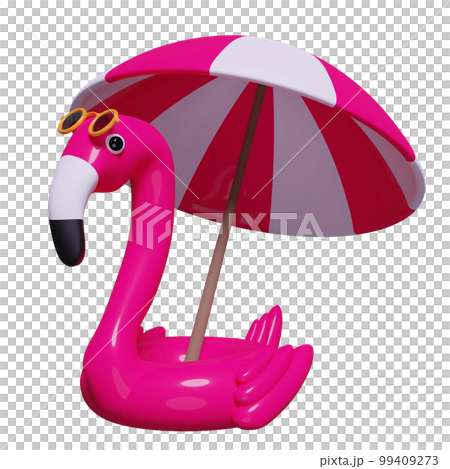3d red Inflatable flamingo with sunglasses, umbrella isolated. summer travel concept, 3d render illustration 99409273