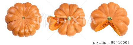 Fresh orange pumpkin isolated on white background with full depth of field. Top view. Flat lay 99410002