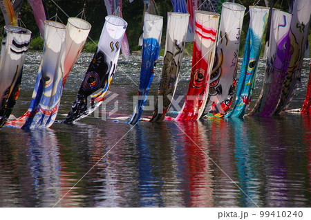 子供の日の風物詩 相模高田橋 約1200匹の鯉のぼり 準備が始まり川を泳ぎ天に舞い上がる30 99410240
