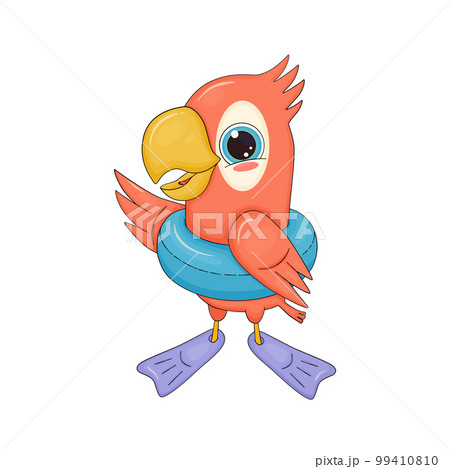 Cute orange parrot with swim fins and rubber ring . Illustration of summer cartoon vector character for kids design Cute orange parrot with swim fins and rubber ring . Illustration of summer cartoon vector character for kids design 99410810