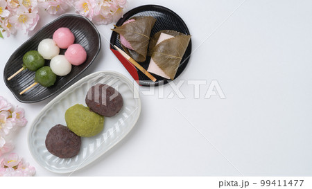 桜と和菓子|ぼたもち・三色団子(花見団子)・桜餅 春のお花見・お彼岸イメージ 桜と和菓子|ぼたもち・三色団子(花見団子)・桜餅 春のお花見・お彼岸イメージ 99411477