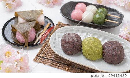 桜と和菓子|ぼたもち・三色団子(花見団子)・桜餅 春のお花見・お彼岸イメージ 桜と和菓子|ぼたもち・三色団子(花見団子)・桜餅 春のお花見・お彼岸イメージ 99411480
