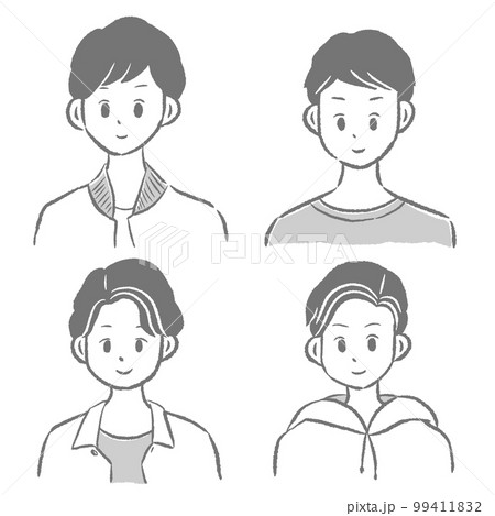 笑顔の若い男性たち アイコン 上半身 かわいい手描きのイラストセット モノクロ 笑顔の若い男性たち アイコン 上半身 かわいい手描きのイラストセット モノクロ 99411832