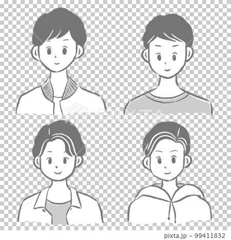 笑顔の若い男性たち アイコン 上半身 かわいい手描きのイラストセット モノクロ 笑顔の若い男性たち アイコン 上半身 かわいい手描きのイラストセット モノクロ 99411832