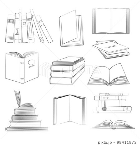 Books linear sketch symbols set. Stack, opened and closed books isolated icons set on white background. Library and bookstore elements in a flat style. Jpeg 99411975
