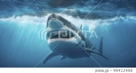 Ocean shark bottom view from below. Open toothy...の写真素材 [99412488] - PIXTA