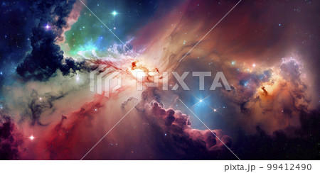 Space scenery bright stars colorful nebula. Pink blue constellation night space scape astronomy sci-fi glowing fantasy 3D render illustration 99412490