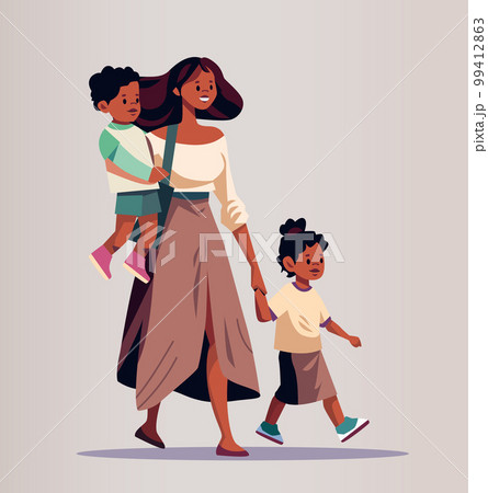 mother and little children walking together mom taking son and daughter to school or kindergarten motherhood mother and little children walking together mom taking son and daughter to school or kindergarten motherhood 99412863