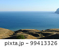 Seascape. Cliff, sea, sun, grass on a clear day. Holidays at sea. Landscape with a calm sea. Photo of southern nature without people. Summer or fall tourism, hills and mountains 99413326