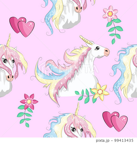 Seamless pattern with trendy cartoon patches. Unicorns, rainbows and hearts. Seamless pattern with trendy cartoon patches. Unicorns, rainbows and hearts. 99413435