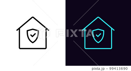 Outline home icon, with editable stroke. House frame with shield and check sign, real estate guard pictogram. Safe deal and insurance guarantee, property protection. Outline home icon, with editable stroke. House frame with shield and check sign, real estate guard pictogram. Safe deal and insurance guarantee, property protection. 99413690