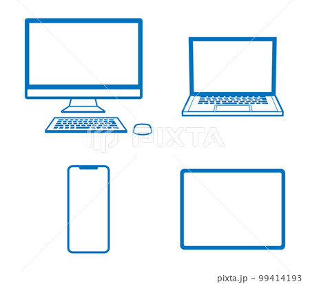 4種類のデバイスセット、正面図 線画 - スマホ、タブレットPC、デスクトップPC、ノートパソコンのイラスト素材 [99414193] - PIXTA