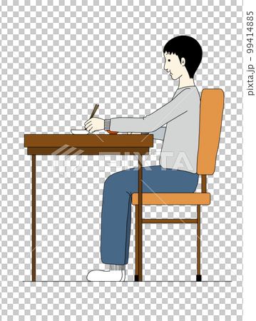 テーブルを使って正しい姿勢で食事をする人 99414885
