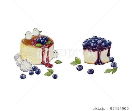 水彩画のホットケーキとベリーのタルトケーキデザートデザイン