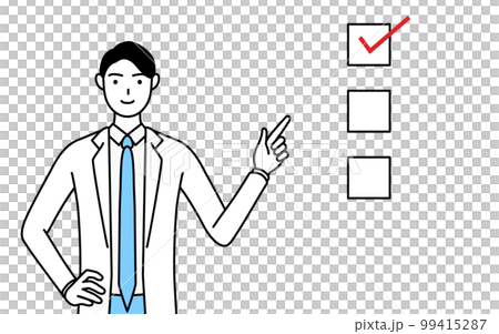 A male doctor in a white coat pointing to a checklist 99415287