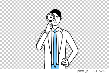 A male doctor in a white coat looking through a magnifying glass A male doctor in a white coat looking through a magnifying glass 99415289