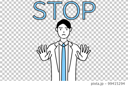 A male doctor wearing a white coat that sticks out his hand in front of his body to signal the stop 99415294