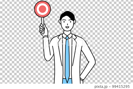 A male doctor wearing a white coat with a circle stick showing the correct answer 99415295