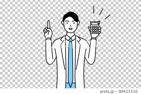 A male doctor wearing a white coat pointing with a calculator 99415310