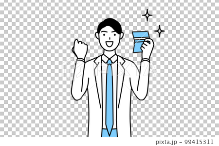 A male doctor in a white coat who is pleased to see a bankbook 99415311