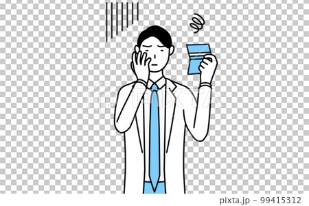 A male doctor in a white coat who is depressed looking at the bankbook 99415312