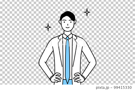 A male doctor wearing a white coat with his hands on his hips 99415330