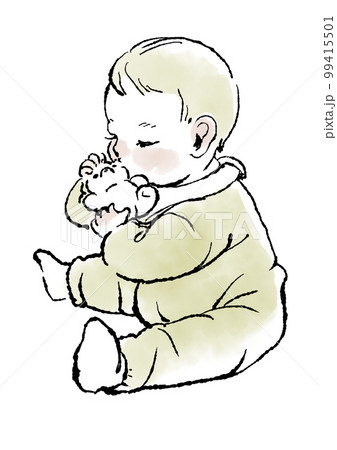 おもちゃをくわえる赤ちゃんのシンプルなイラスト 99415501
