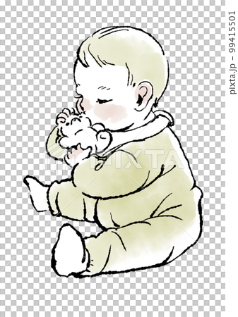 A simple illustration of a baby holding a toy 99415501