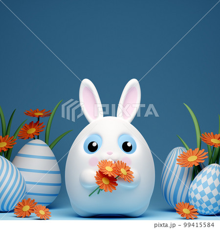 3d Happy Easter banner with little kawaii white rabbit with big blue eyes 99415584
