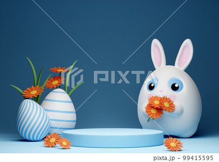 3d Happy Easter banner with little kawaii white rabbit with podium 99415595