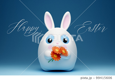 3d Happy Easter banner with little kawaii white rabbit with big blue eyes 99415606
