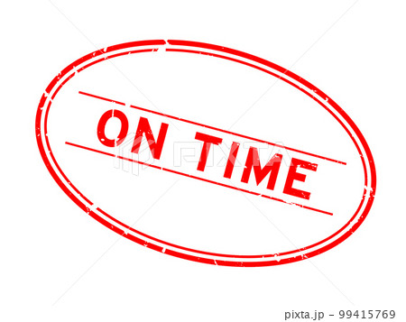 Grunge red on time word oval rubber seal stamp on white background 99415769