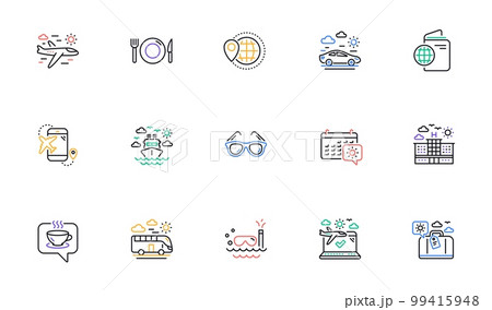Travel line icons. Passport, Luggage and Check in airport. Sunglasses linear icon set. Bicolor outline web elements. Vector 99415948