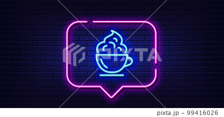 Neon light speech bubble. Coffee cup line icon. Hot cappuccino with cream sign. Tea drink mug symbol. Neon light background. Coffee cup glow line. Brick wall banner. Vector Neon light speech bubble. Coffee cup line icon. Hot cappuccino with cream sign. Tea drink mug symbol. Neon light background. Coffee cup glow line. Brick wall banner. Vector 99416026