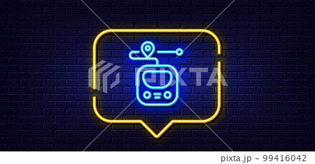 Neon light speech bubble. Metro line icon. Subway journey path sign. Underground train location symbol. Neon light background. Metro glow line. Brick wall banner. Vector 99416042